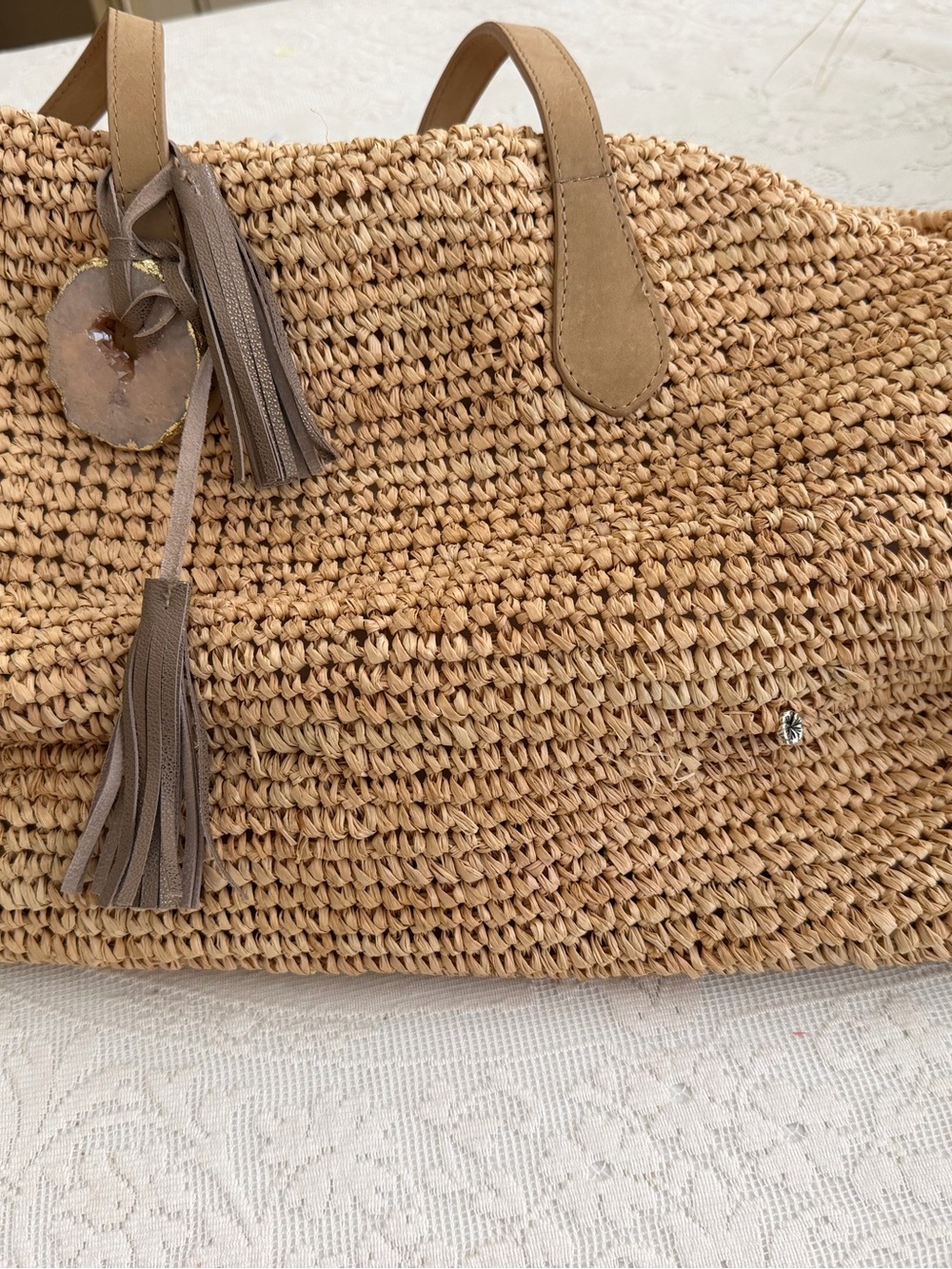 Neutral Woven Straw Tote with Tassel Accent